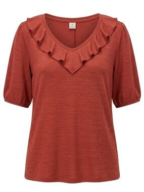 Beacon Apparel Ruffle Neck Top Large Red Puff Sleeve Blouse Flowy Stretch